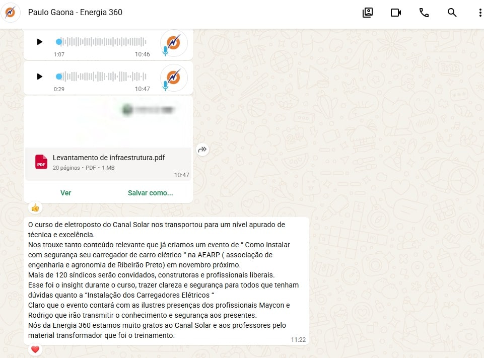 Depoimento de aluno do curso de eletropostos