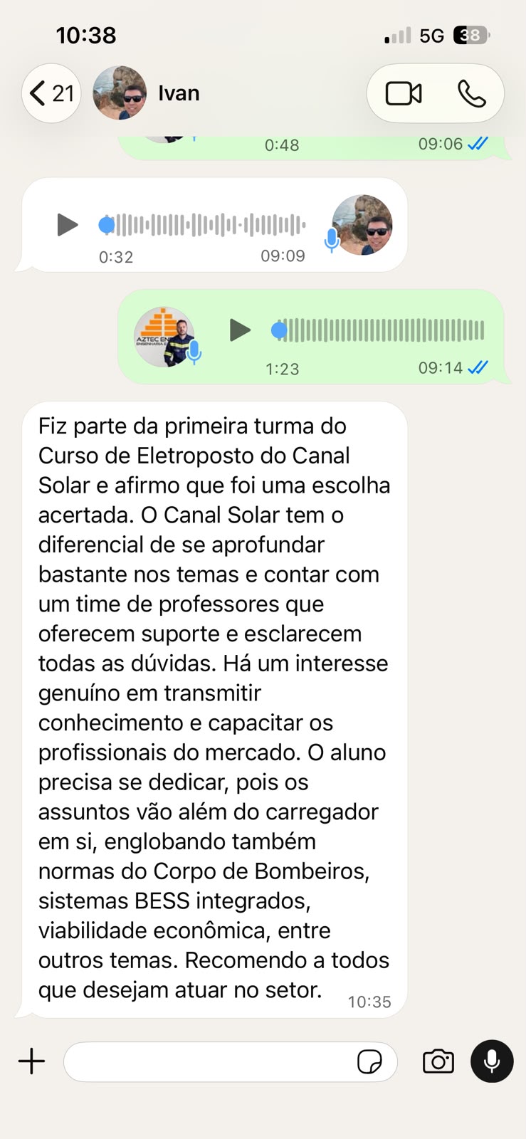Depoimento de aluno do curso de eletropostos
