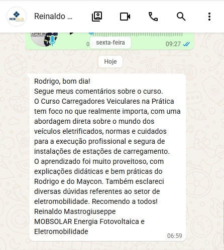 Depoimento de aluno do curso de eletropostos